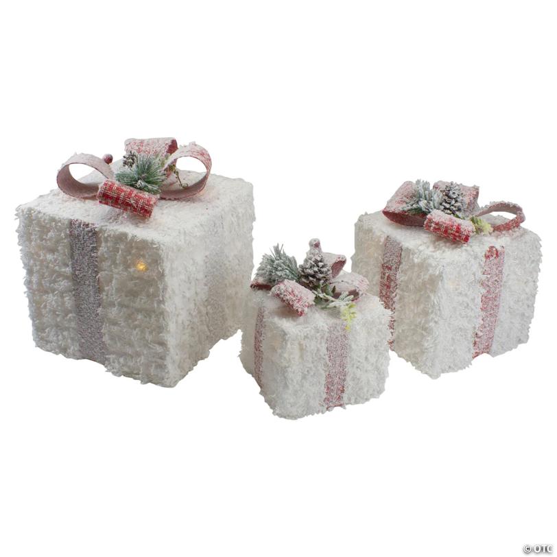 Northlight 10" LED Frosted Rattan Christmas Gift Boxes with Pinecones, Set of 3
