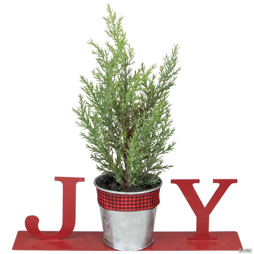 Northlight 10" Red "JOY" Potted Faux Pine in Metal Planter Christmas Tabletop Plaque