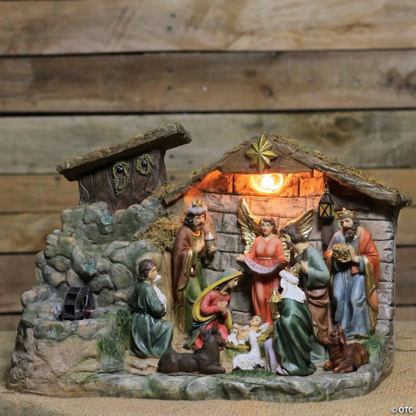 Northlight 11-Piece Pre-Lit Brown Christmas Nativity Figurine Set with Water Fountain 11" - Warm White Light