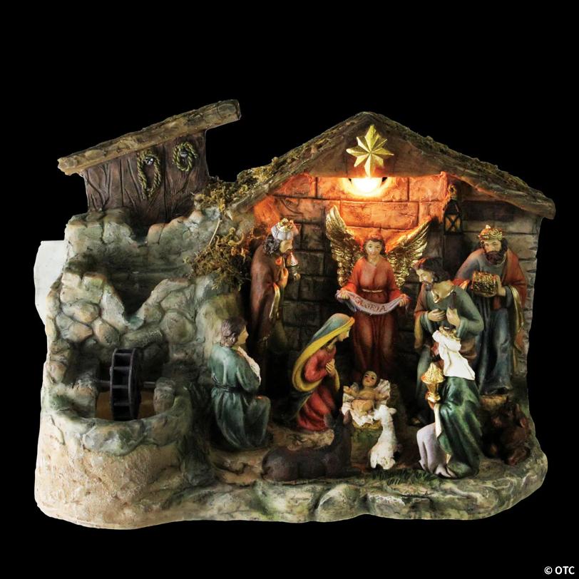 Northlight 11-Piece Pre-Lit Brown Christmas Nativity Figurine Set with Water Fountain 11" - Warm White Light