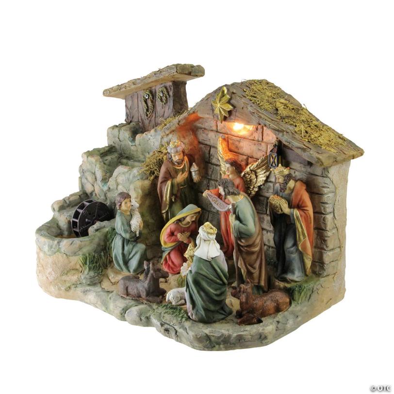 Northlight 11-Piece Pre-Lit Brown Christmas Nativity Figurine Set with Water Fountain 11" - Warm White Light