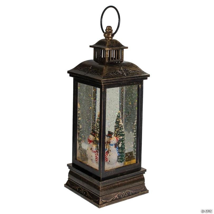 Northlight 11" Black with Brushed Gold LED Snowman Family Christmas Lantern Snow Globe
