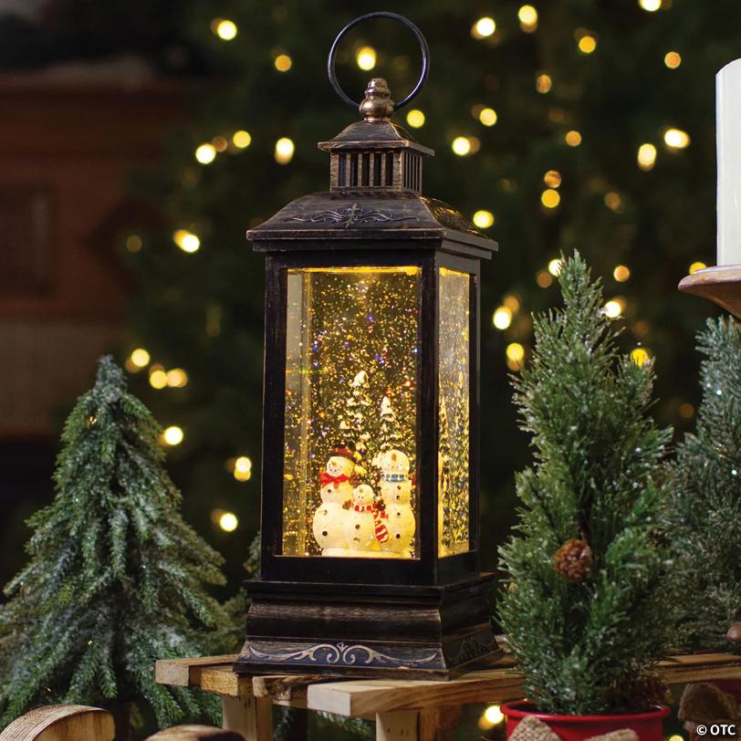 Northlight 11" Black with Brushed Gold LED Snowman Family Christmas Lantern Snow Globe