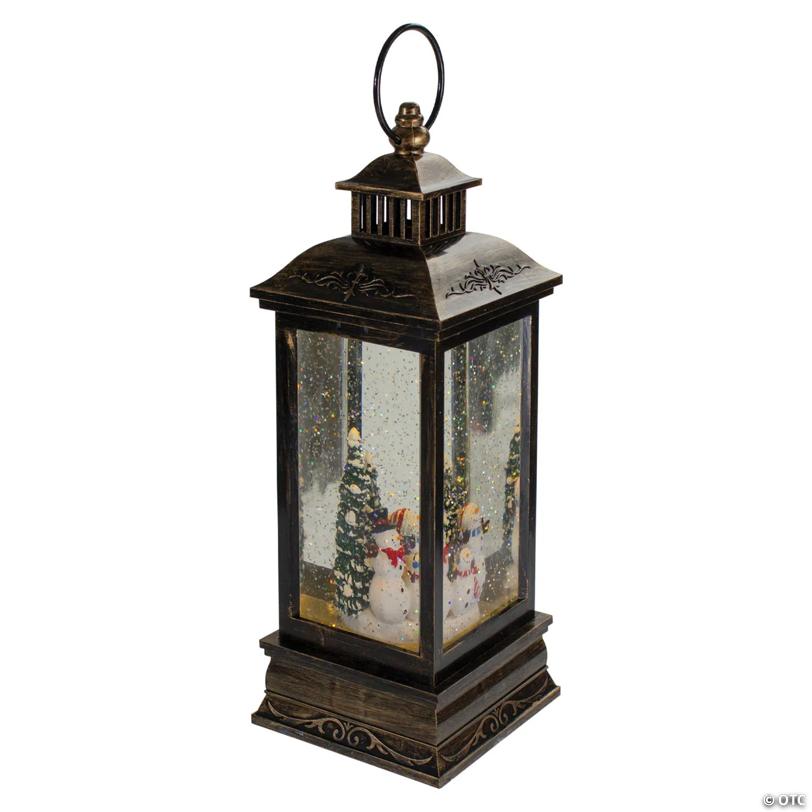 Northlight 11" Black with Brushed Gold LED Snowman Family Christmas Lantern Snow Globe