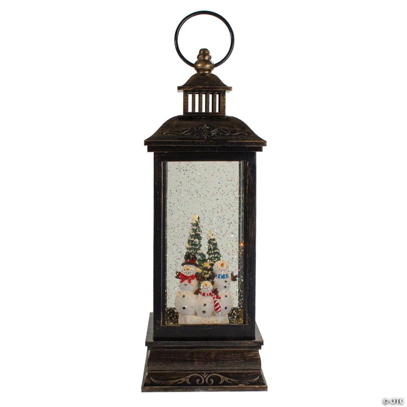 Northlight 11" Black with Brushed Gold LED Snowman Family Christmas Lantern Snow Globe