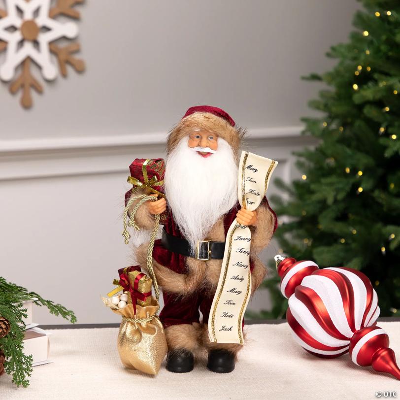 Northlight 12" Red and White Woodland Standing Santa Claus with Gift Bag Christmas Figure