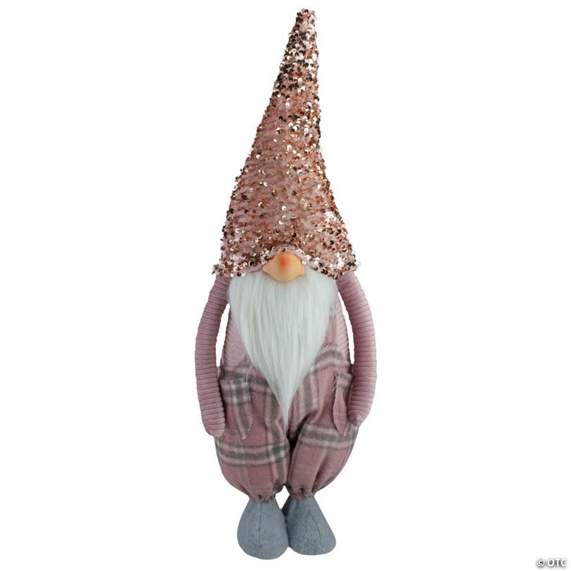 Northlight 24" Pink and Gray Plaid Christmas Gnome with a Rose Gold Hat