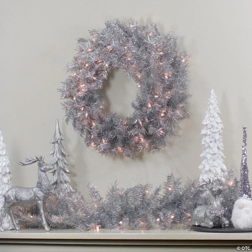 Northlight 24" Silver Tinsel Artificial Christmas Wreath  Clear Lights