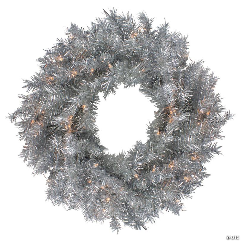 Northlight 24" Silver Tinsel Artificial Christmas Wreath  Clear Lights