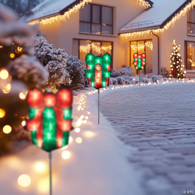 Northlight 25" Pre-Lit Holographic Gift Box Christmas Pathway Markers, Set of 3