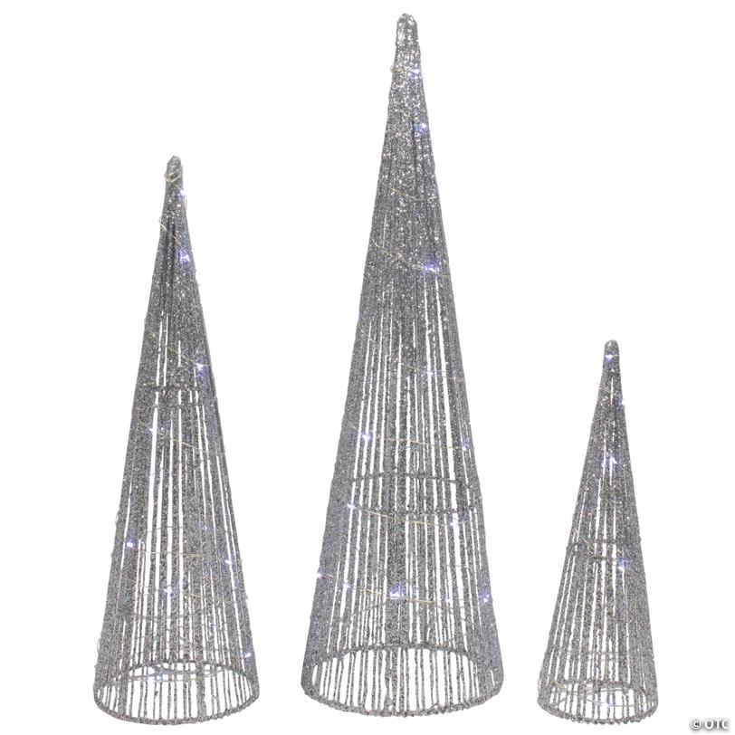 Northlight 2' LED Lighted Silver Glitter Cone Tree Outdoor Christmas Decorations, Set of 3