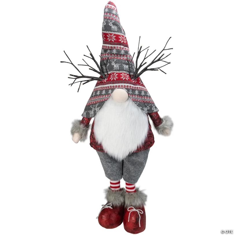 Northlight 30" Red and Gray Nordic Hat Standing Christmas Gnome with LED Antlers