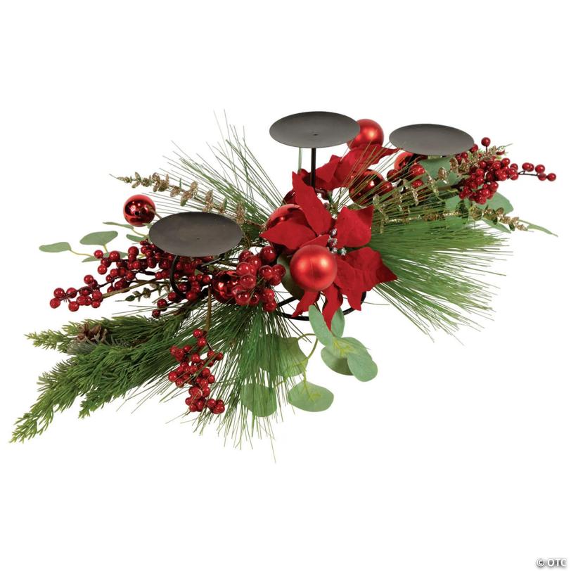 Northlight 32" Triple Candle Holder with Red Berry and Poinsettia Christmas Decor