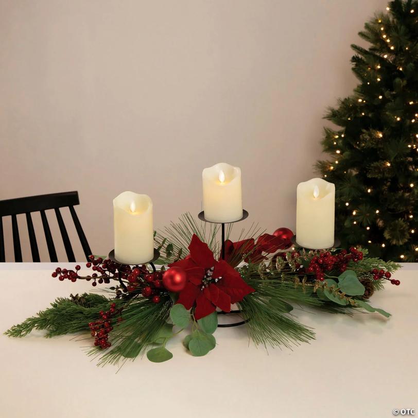 Northlight 32" Triple Candle Holder with Red Berry and Poinsettia Christmas Decor
