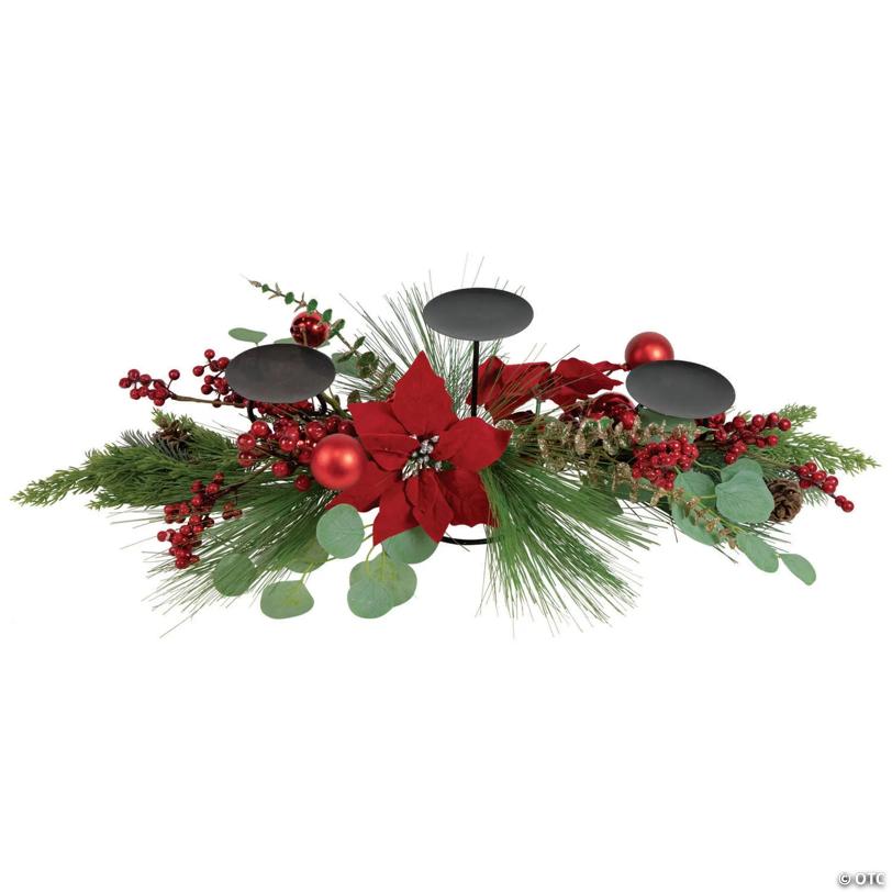 Northlight 32" Triple Candle Holder with Red Berry and Poinsettia Christmas Decor