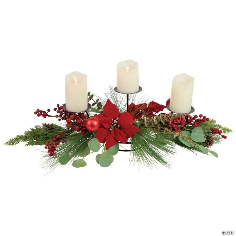 Northlight 32" Triple Candle Holder with Red Berry and Poinsettia Christmas Decor
