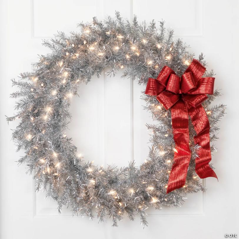 Northlight 36" Pre-Lit Silver Tinsel Artificial Christmas Wreath  Clear Lights