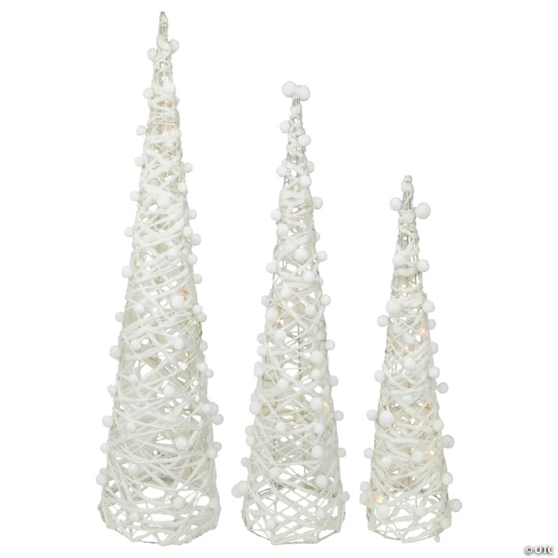Northlight 3' LED Lighted White and Silver Cone Tree Christmas Decoration, Set of 3