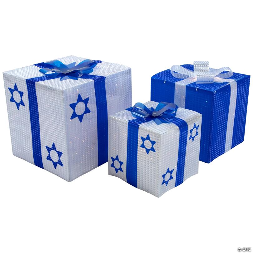 Northlight 3pc White and Blue Shimmering Lighted Hanukkah Gift Box 12