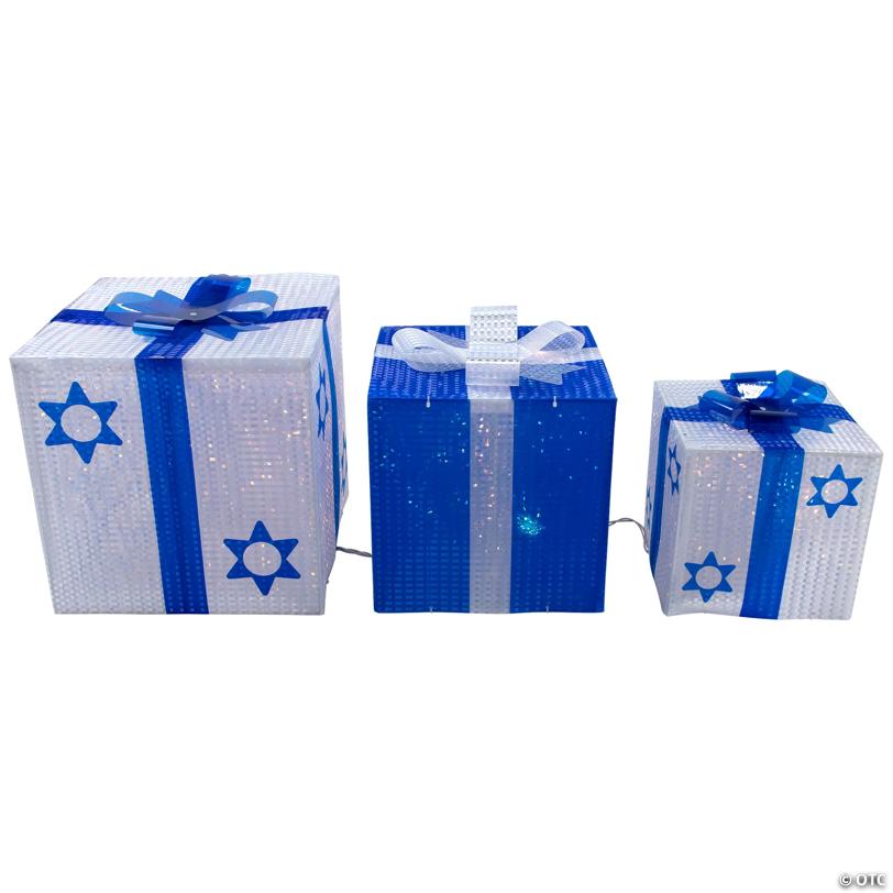 Northlight 3pc White and Blue Shimmering Lighted Hanukkah Gift Box 12