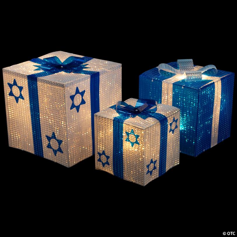 Northlight 3pc White and Blue Shimmering Lighted Hanukkah Gift Box 12