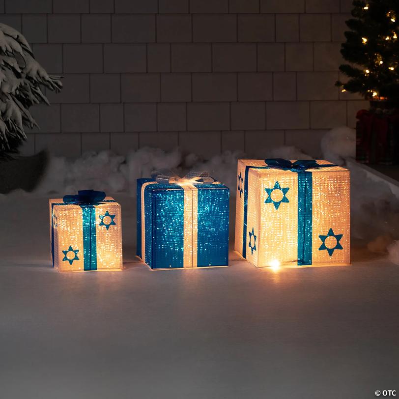 Northlight 3pc White and Blue Shimmering Lighted Hanukkah Gift Box 12