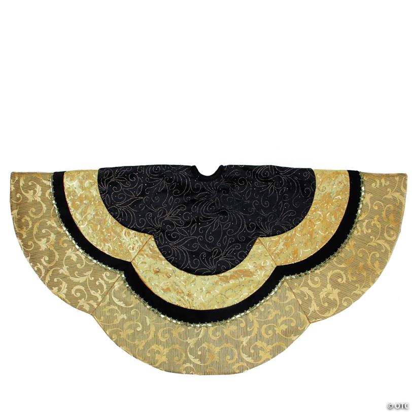 Northlight 48" Black and Gold Velveteen Floral Scallop Christmas Tree Skirt