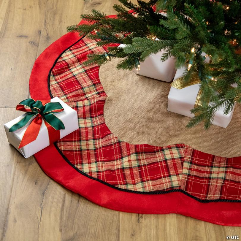 Northlight 48" Burlap and Red Plaid Christmas Tree Skirt with Scalloped Border
