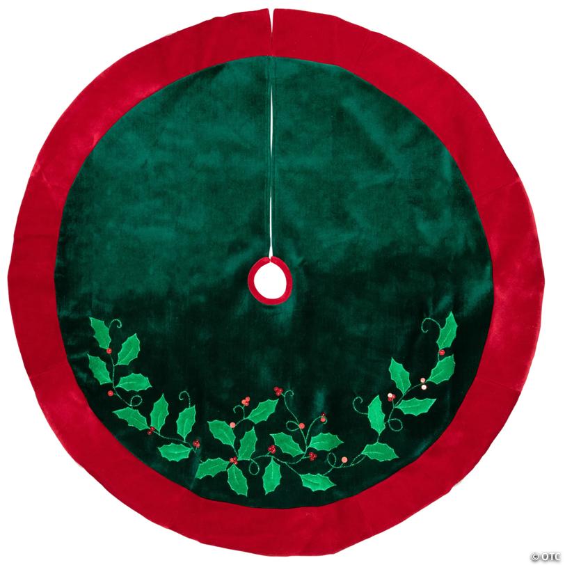 Northlight 48" Dark Green and Burgundy Holly Berry Velveteen Christmas Tree Skirt