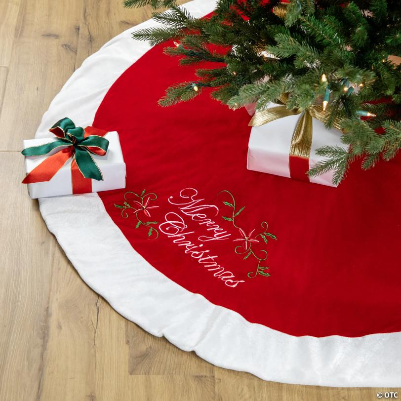 Northlight 48" Traditional Red Embroidered Velvet Merry Christmas Tree Skirt