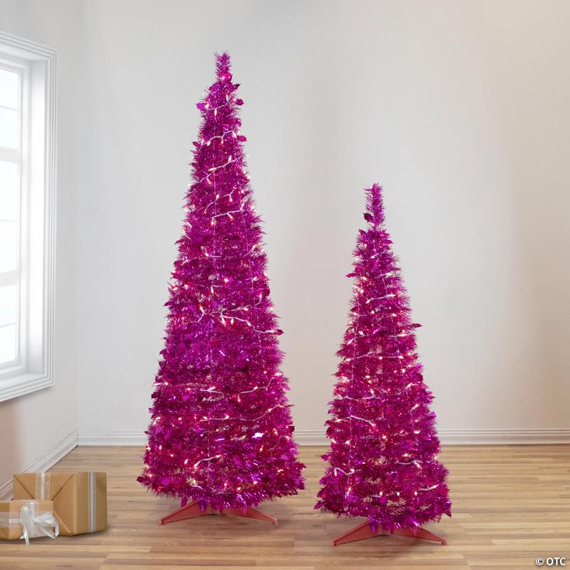 Northlight 4' Pre-Lit Pink Tinsel Pop-Up Artificial Christmas Tree  Clear Lights