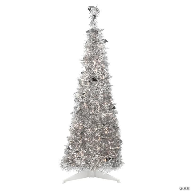 Northlight 4' Pre-Lit Silver Tinsel Pop-Up Artificial Christmas Tree  Clear Lights