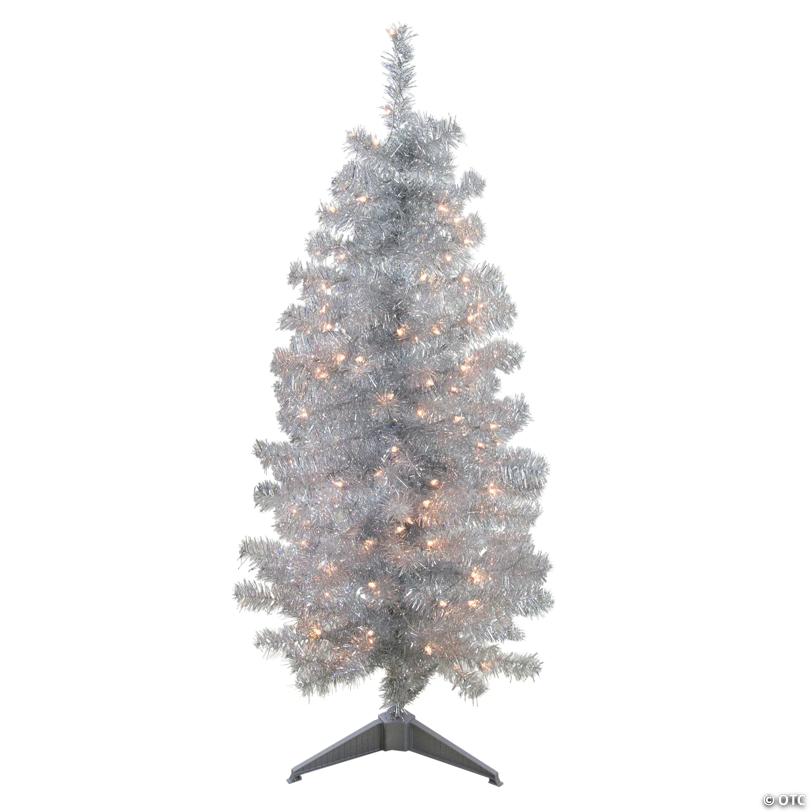 Northlight 4' x 22" Pre-Lit Slim Silver Artificial Tinsel Christmas Tree - Clear Lights