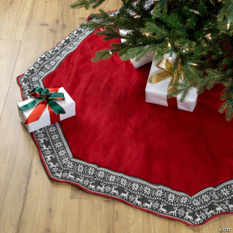 Northlight 50" Red Heptagon with Gray and White Snowflakes & Reindeer Knit Border Christmas Tree Skirt