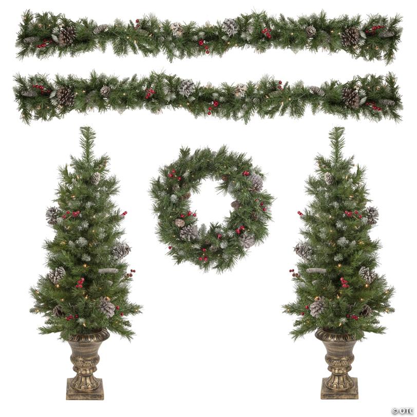 Northlight 5-Piece Pre-Lit Frosted Verona Berry Pine Artificial Christmas Entryway Set