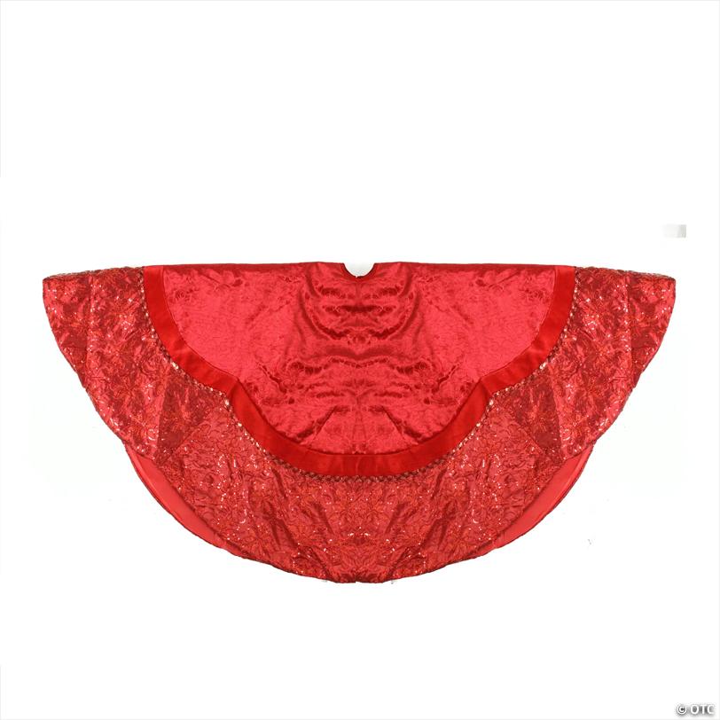 Northlight 60" Red Velvet Damask Sequin Embroidered Poinsettia Trimmed Scalloped Edge Christmas Tree Skirt