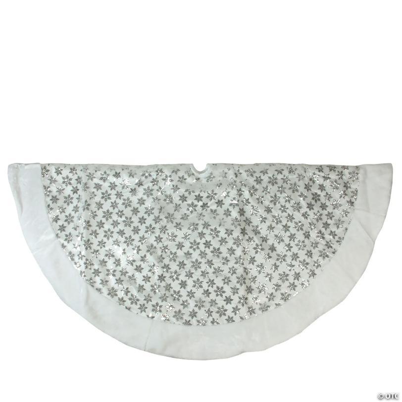 Northlight 60" White and Silver Sequin Snowflake Christmas Tree Skirt with Faux Fur Border