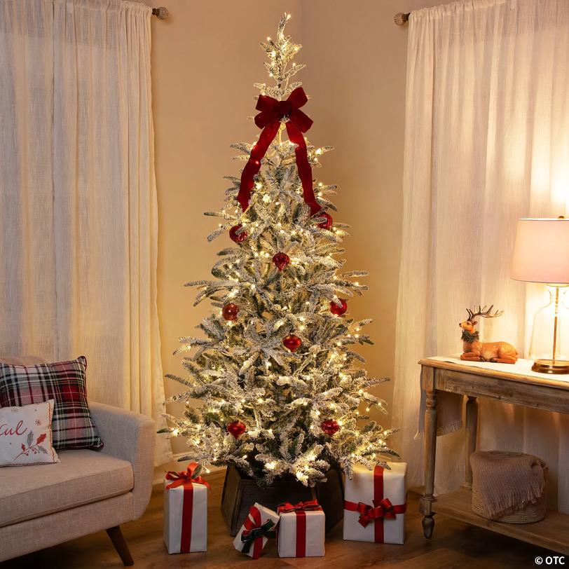 Northlight 6.5' Pre-Lit Flocked Slim Nordmann Fir Artificial Christmas Tree - Warm Clear LED Lights