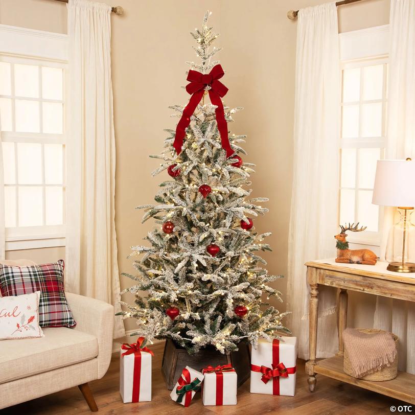 Northlight 6.5' Pre-Lit Flocked Slim Nordmann Fir Artificial Christmas Tree - Warm Clear LED Lights
