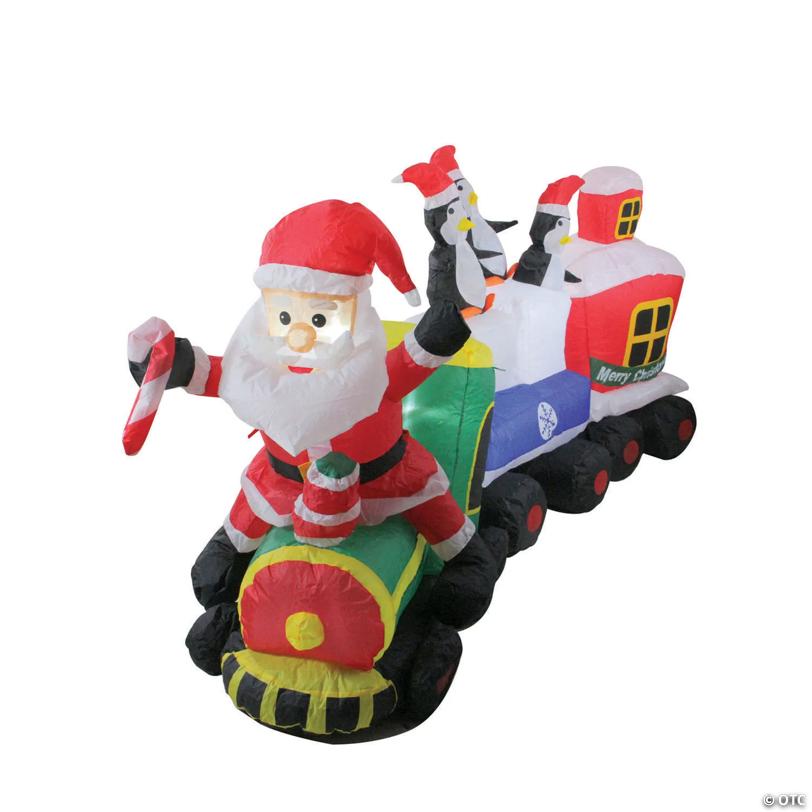Northlight 6.5' Red and Green Inflatable Santa and Penguins on Train Lighted Outdoor Christmas Decoration