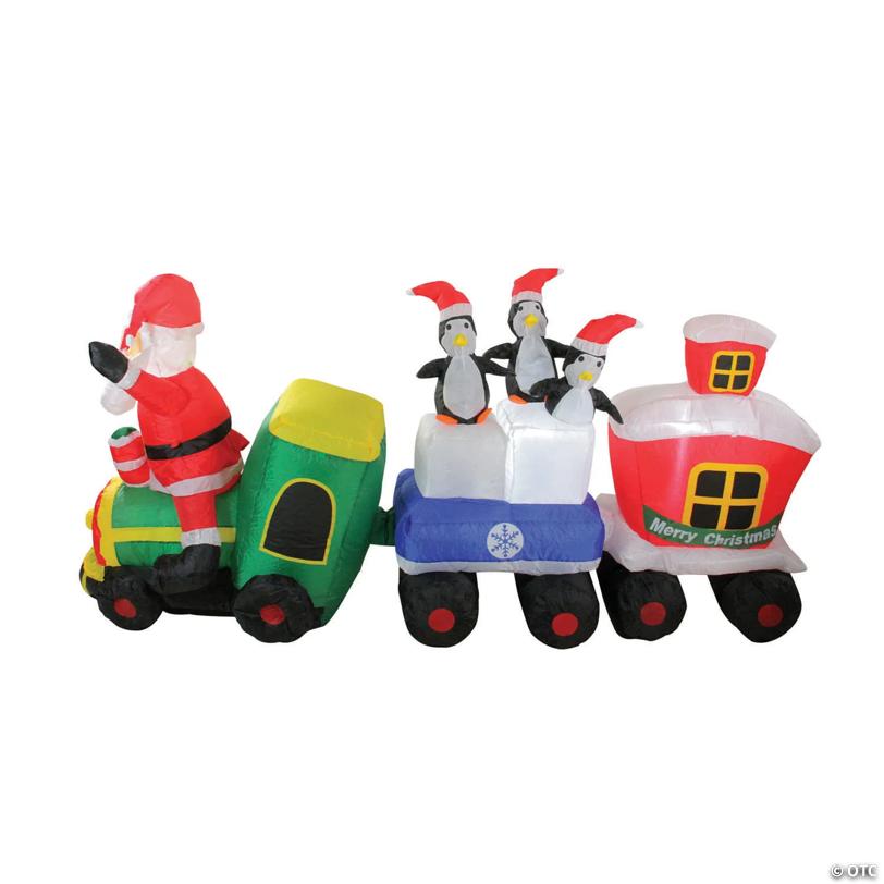 Northlight 6.5' Red and Green Inflatable Santa and Penguins on Train Lighted Outdoor Christmas Decoration