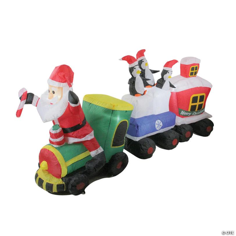 Northlight 6.5' Red and Green Inflatable Santa and Penguins on Train Lighted Outdoor Christmas Decoration