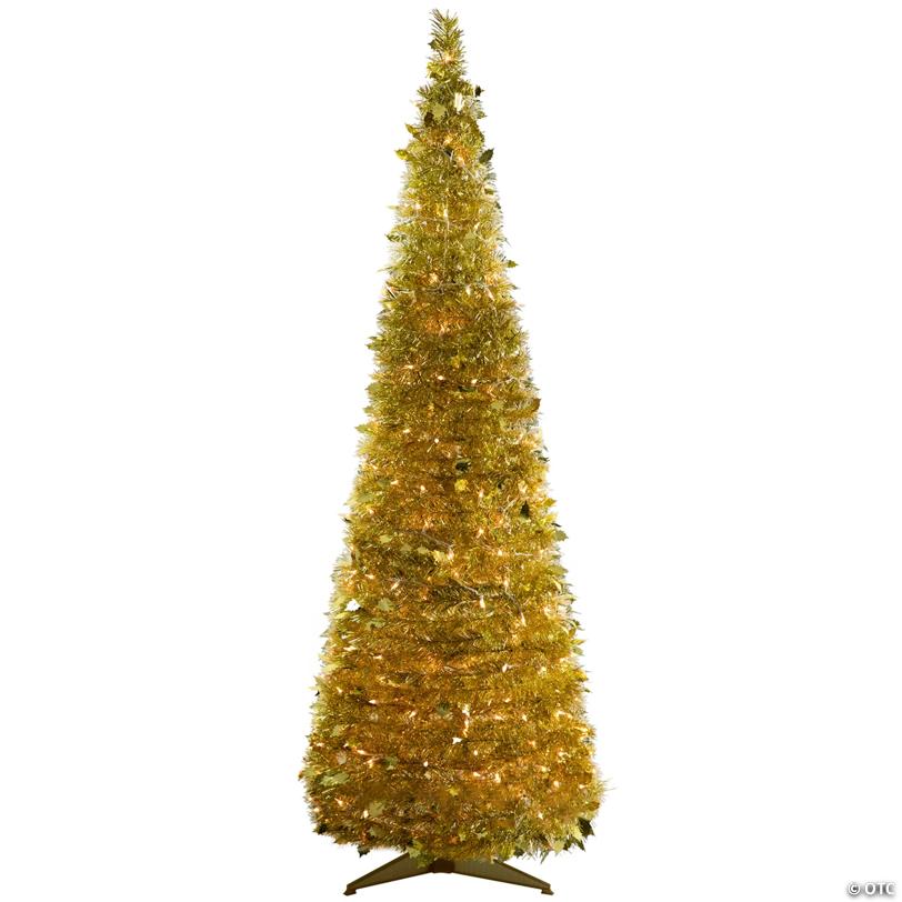 Northlight 6' Pre-Lit Gold Tinsel Pop-Up Artificial Christmas Tree  Clear Lights