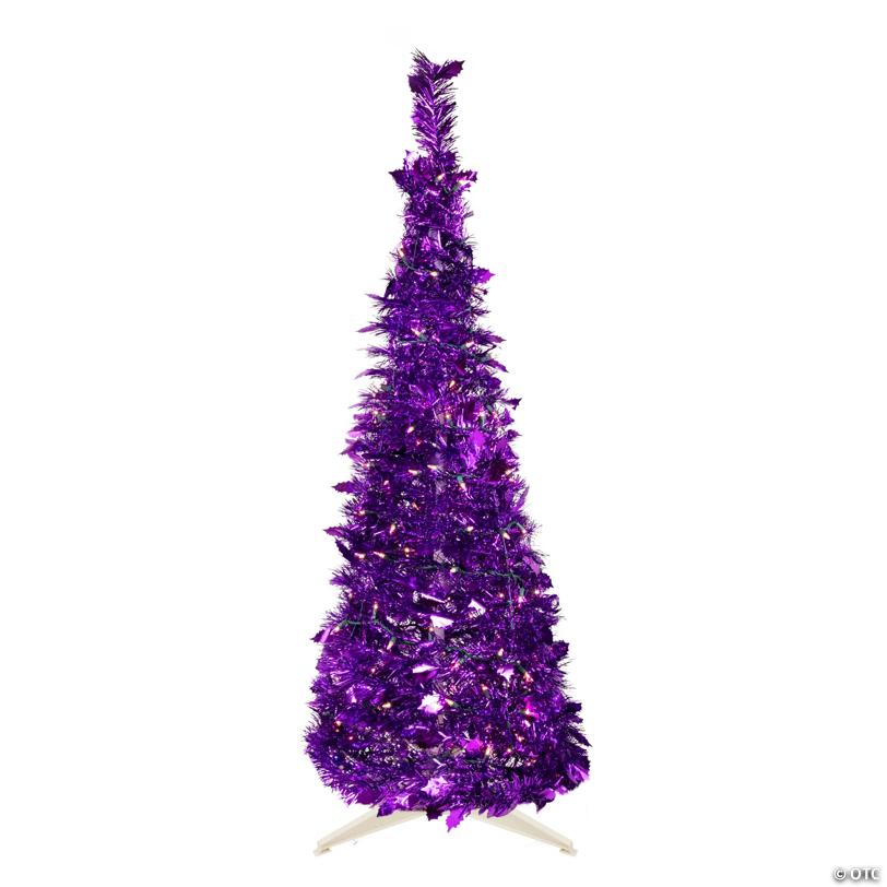 Northlight 6' Pre-Lit Purple Tinsel Pop-Up Artificial Christmas Tree  Clear Lights