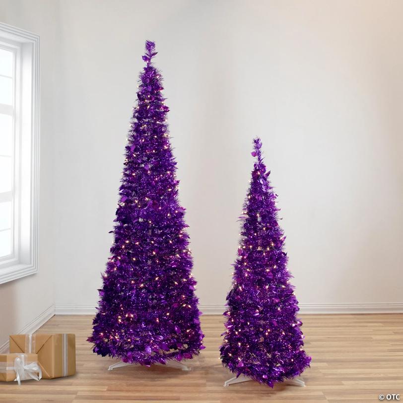 Northlight 6' Pre-Lit Purple Tinsel Pop-Up Artificial Christmas Tree  Clear Lights