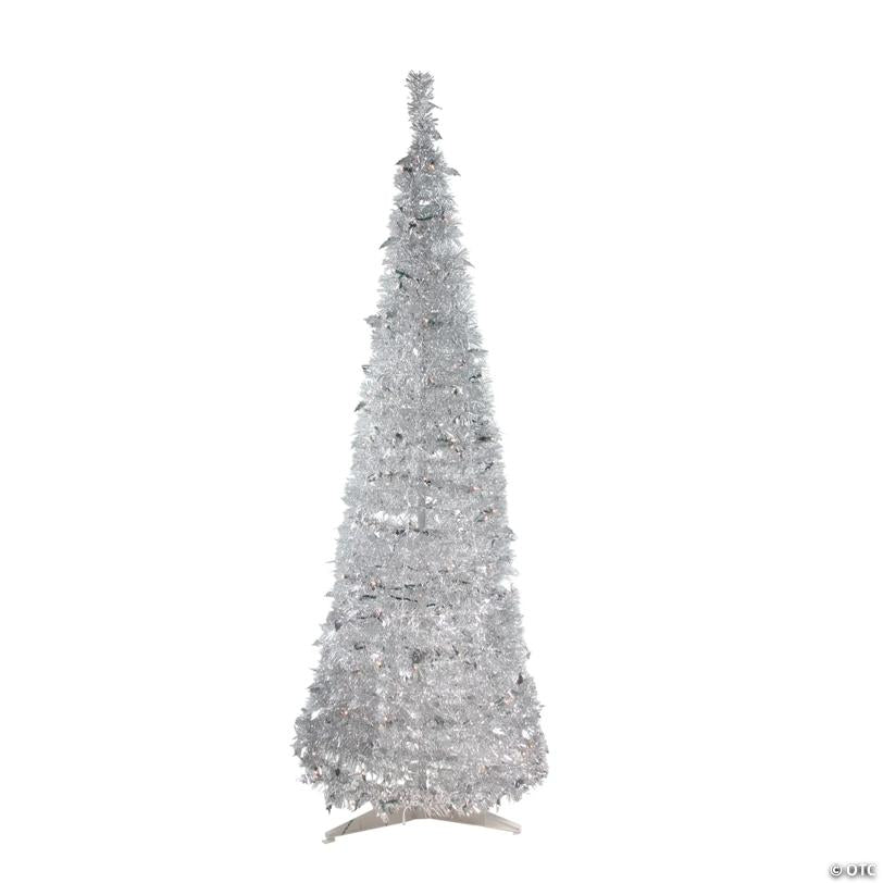 Northlight 6' Pre-Lit Silver Tinsel Pop-Up Artificial Christmas Tree - Clear Lights