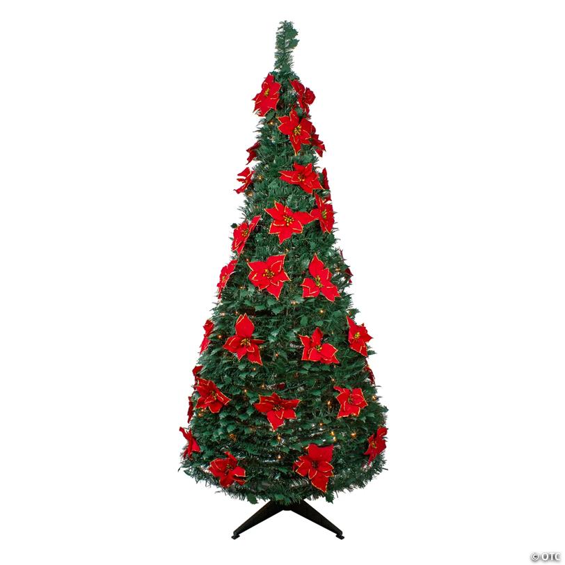 Northlight 6' Pre-Lit Slim Pre-Decorated Poinsettia Pop-Up Artificial Christmas Tree