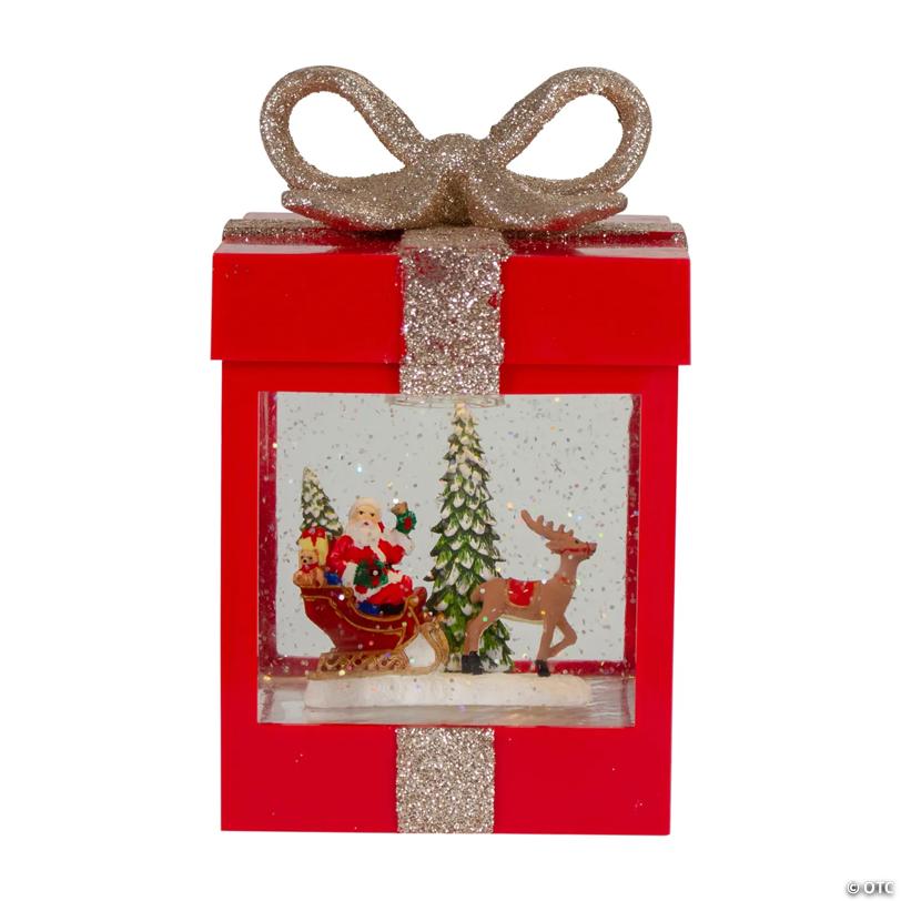 Northlight 7" Lighted Red Gift Box Christmas Snow Globe with Santa and Reindeer
