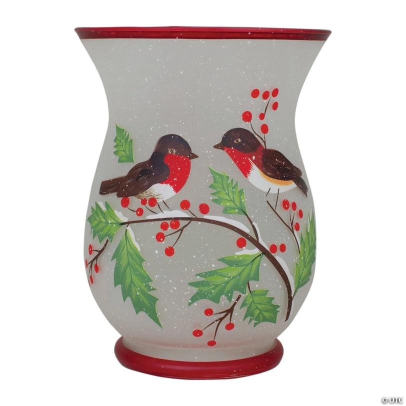 Northlight 8-Inch Hand Painted Finches and Pine Flameless Glass Candle Holder