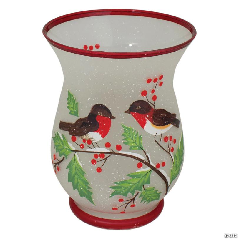 Northlight 8-Inch Hand Painted Finches and Pine Flameless Glass Candle Holder